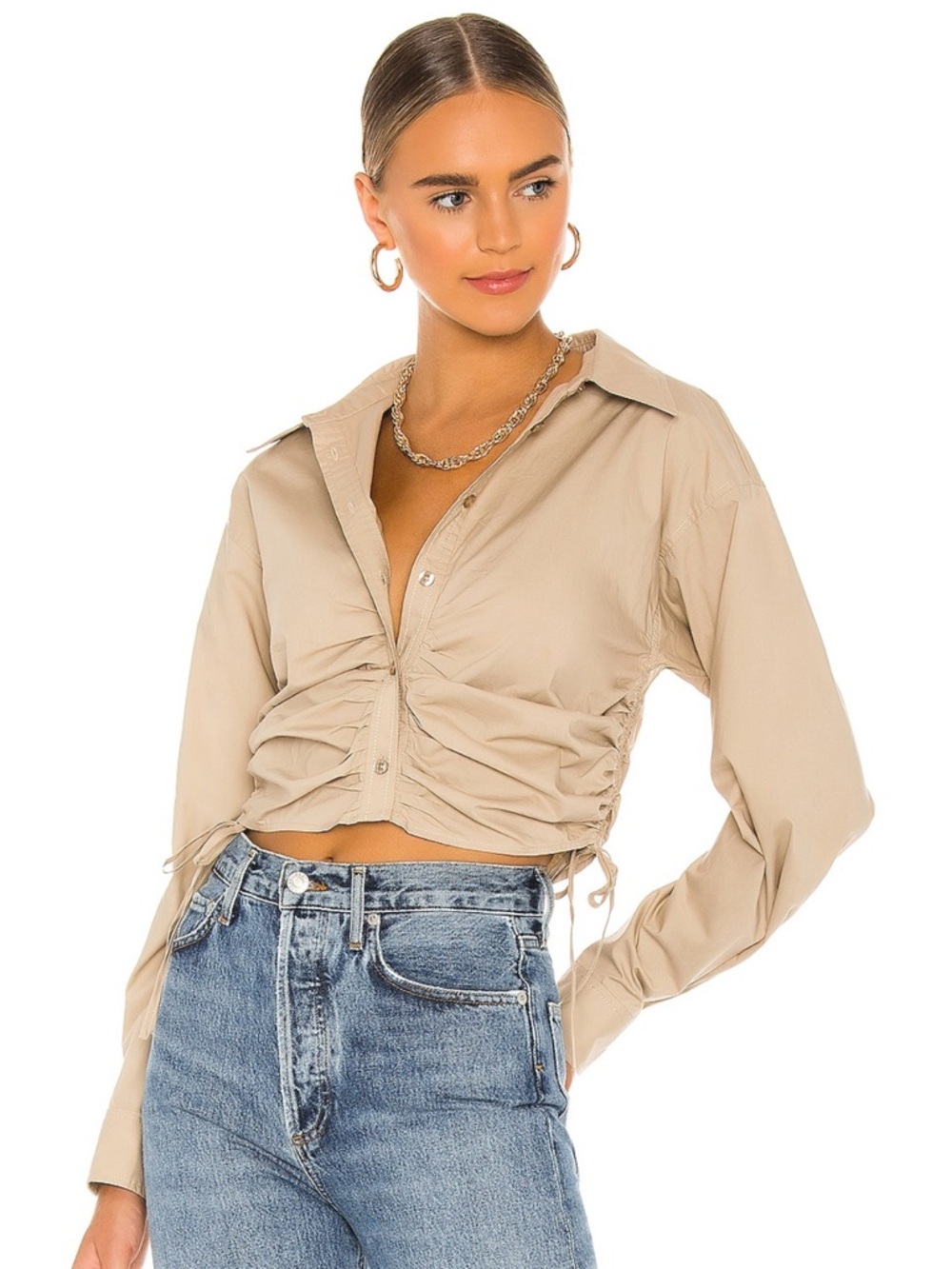 L'Academie Revolve Beige Tan Cropped Button-Down Shirt